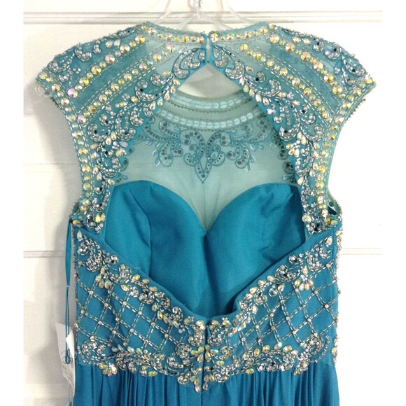 Vtg Ball Gown Dress 8 Turquoise Beaded Sequin Maxi Regency Prom Formal Princess - Picture 10 of 16